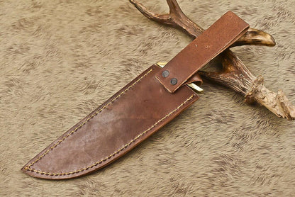 12.5" Damascus Steel Bowie Knife with Ram’s Horn Handle  Survival Hunting Blade