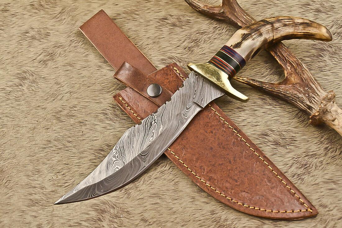 12.5" Damascus Steel Bowie Knife with Ram’s Horn Handle  Survival Hunting Blade