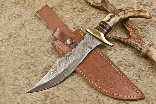 12.5" Hand Forged Bowie Damascus Steel Knife with Ram's Horn Handle & Leather Sheath