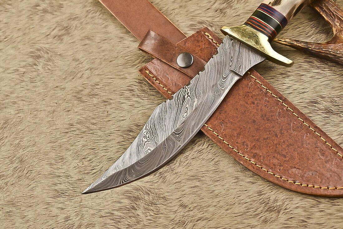 12.5" Damascus Steel Bowie Knife with Ram’s Horn Handle  Survival Hunting Blade