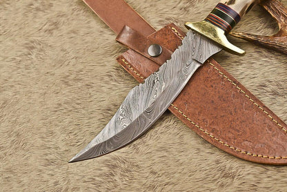 12.5" Damascus Steel Bowie Knife with Ram’s Horn Handle  Survival Hunting Blade