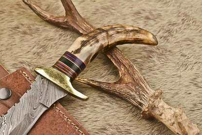 12.5" Damascus Steel Bowie Knife with Ram’s Horn Handle  Survival Hunting Blade