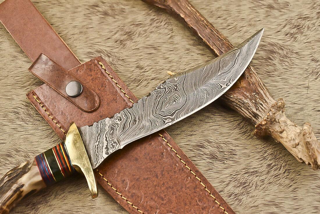 12.5" Damascus Steel Bowie Knife with Ram’s Horn Handle  Survival Hunting Blade