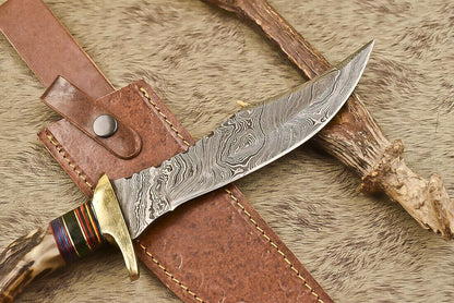 12.5" Damascus Steel Bowie Knife with Ram’s Horn Handle  Survival Hunting Blade