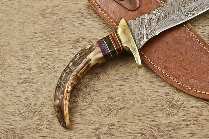 12.5" Damascus Steel Bowie Knife with Ram’s Horn Handle  Survival Hunting Blade