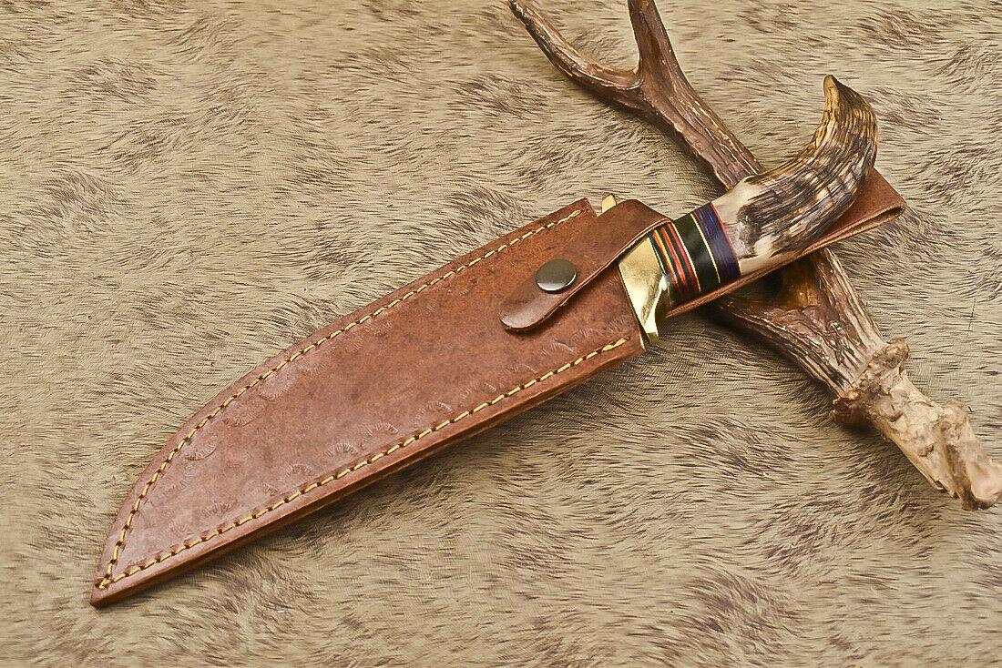 12.5" Damascus Steel Bowie Knife with Ram’s Horn Handle  Survival Hunting Blade