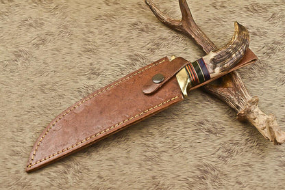 12.5" Damascus Steel Bowie Knife with Ram’s Horn Handle  Survival Hunting Blade