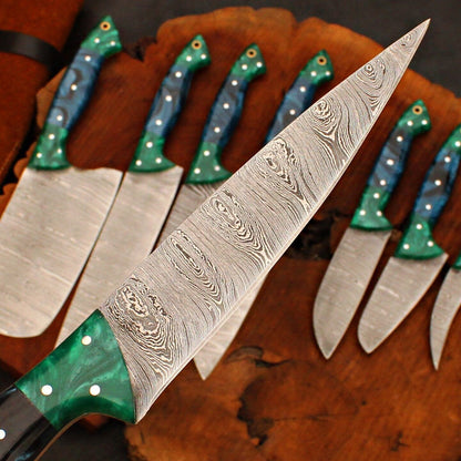 8 PCS Custom Handmade Chef Knife Set – Damascus Forged Steel Kitchen Knives with Sheath