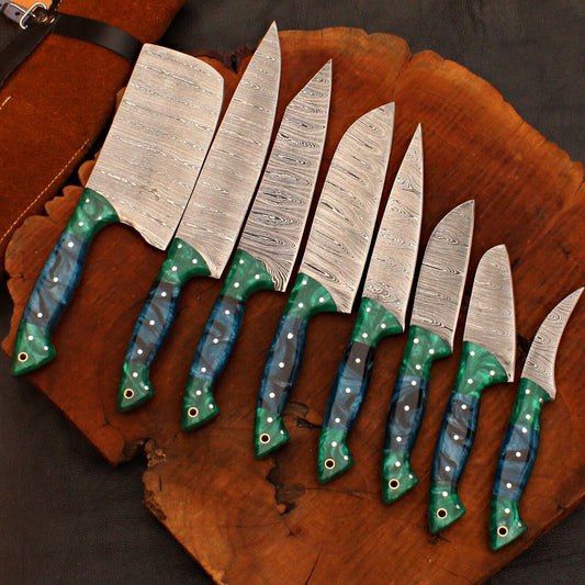 8 PCS Custom Handmade Chef Knife Set – Damascus Forged Steel Kitchen Knives with Sheath