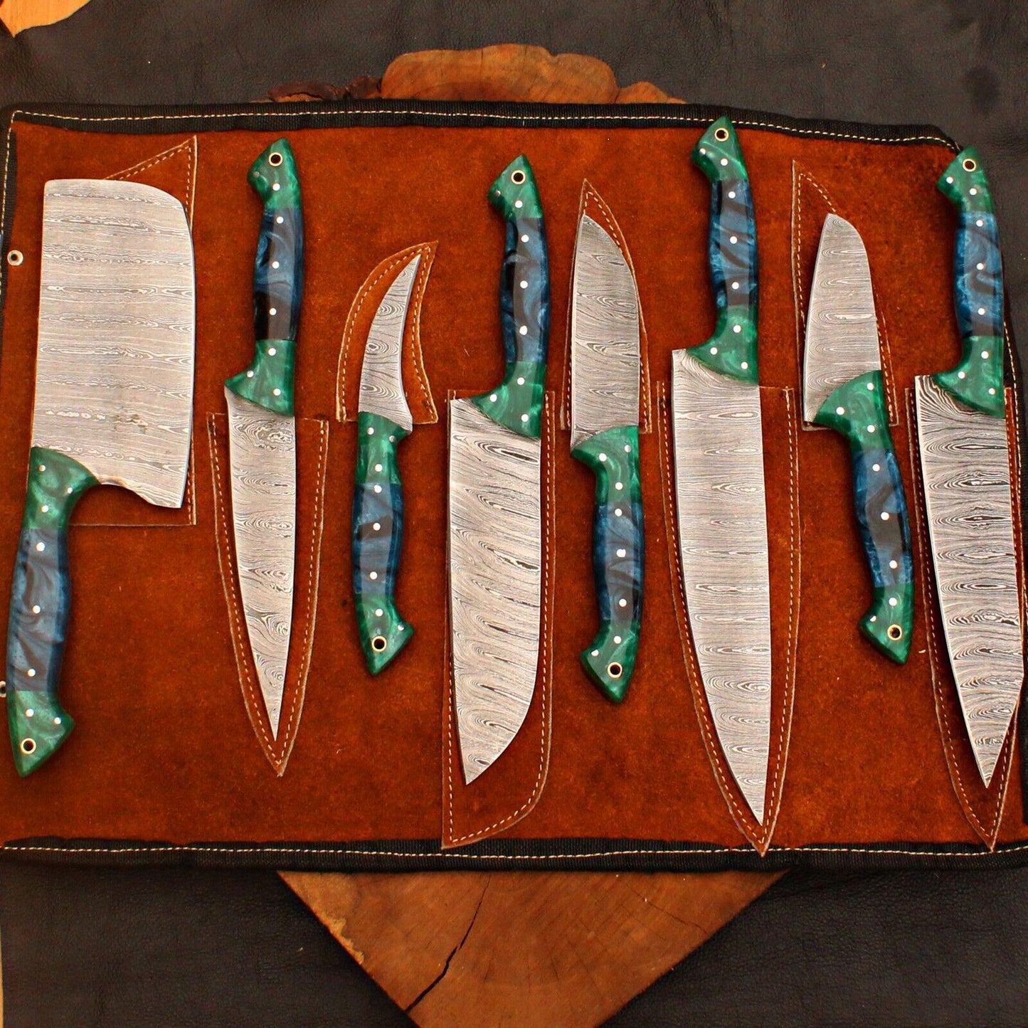 8 PCS Custom Handmade Chef Knife Set – Damascus Forged Steel Kitchen Knives with Sheath