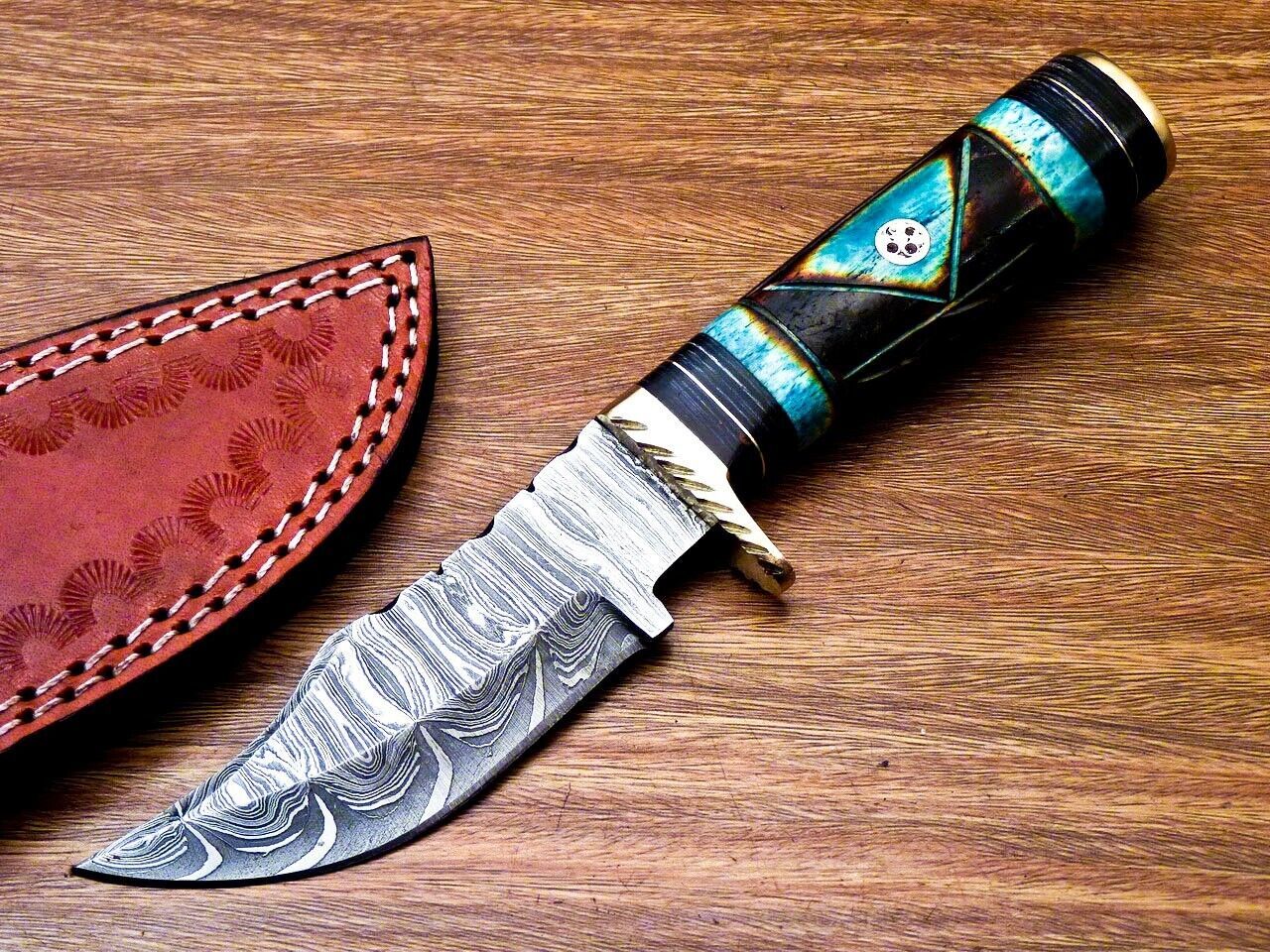 8" Handmade Damascus Bowie Knife – Camel Bone & Hardwood Handle