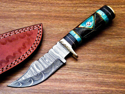 8" Handmade Damascus Bowie Knife – Camel Bone & Hardwood Handle