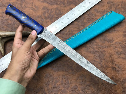14" Premium Damascus Fillet Knife Hand Forged Damascus Steel Knife W/Sheath