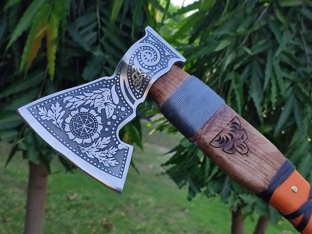 Handmade Carbon Steel Viking Throwing Axe – Olive Wood Handle with Leather Sheath