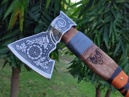Handmade Carbon Steel Viking Throwing Axe – Olive Wood Handle with Leather Sheath