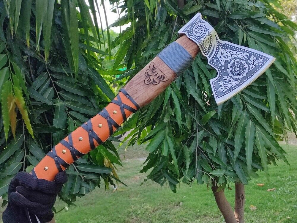 Handmade Carbon Steel Viking Throwing Axe – Olive Wood Handle with Leather Sheath