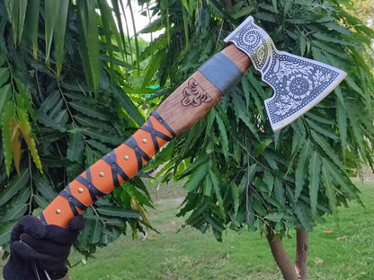 Handmade Carbon Steel Viking Throwing Axe – Olive Wood Handle with Leather Sheath