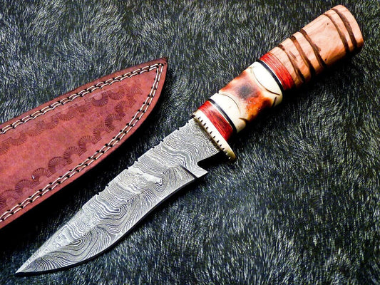 Custom Hand Forged 10" Damascus Bowie Hunting Knife – Camel Bone & Olive Wood Handle