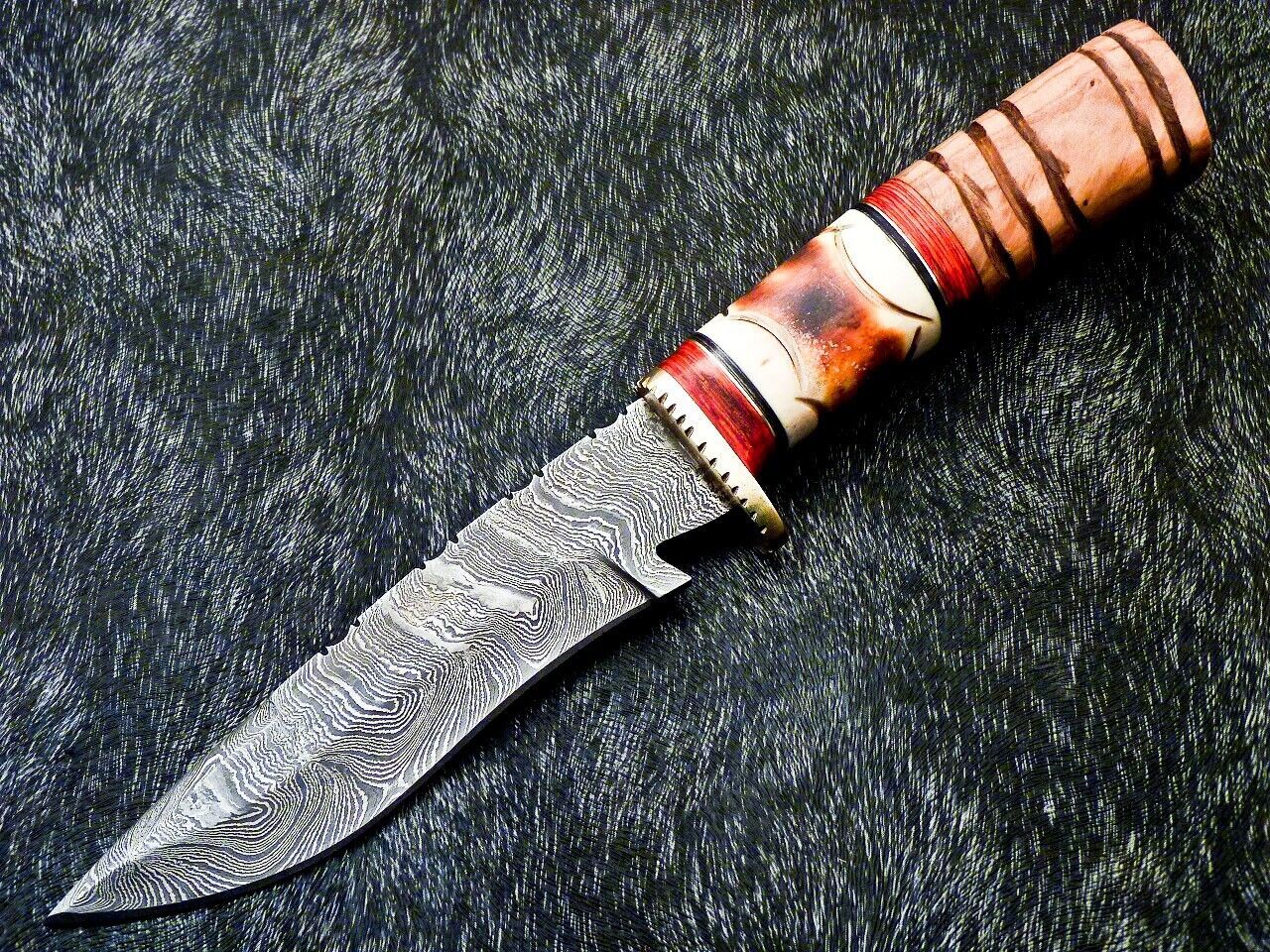 Custom Hand Forged 10" Damascus Bowie Hunting Knife – Camel Bone & Olive Wood Handle