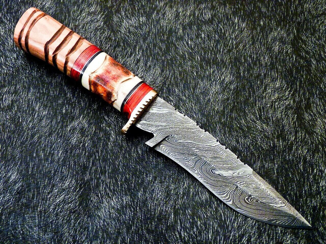 Custom Hand Forged 10" Damascus Bowie Hunting Knife – Camel Bone & Olive Wood Handle