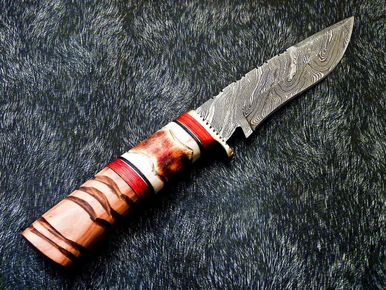 Custom Hand Forged 10" Damascus Bowie Hunting Knife – Camel Bone & Olive Wood Handle