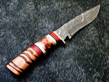 Custom Hand Forged 10" Damascus Bowie Hunting Knife – Camel Bone & Olive Wood Handle
