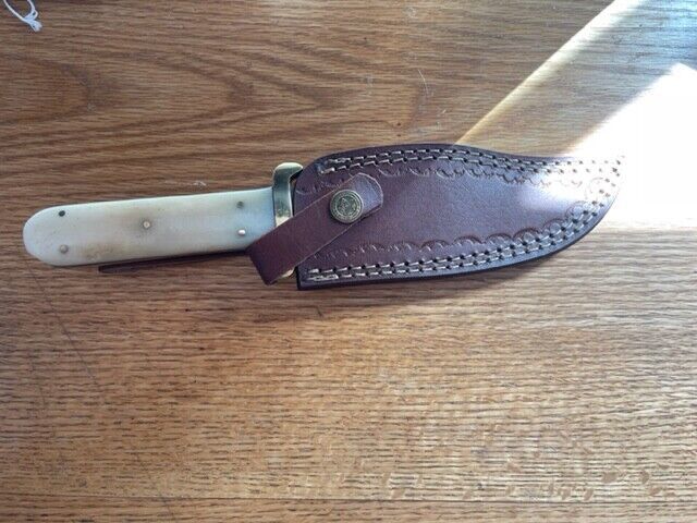 Heritage Forge Damascus Steel Coffin Handle Bowie Knife Natural Bone Grip with Leather Sheath