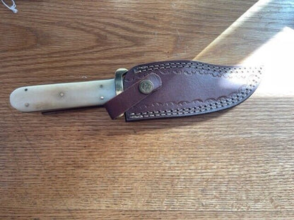 Heritage Forge Damascus Steel Coffin Handle Bowie Knife Natural Bone Grip with Leather Sheath