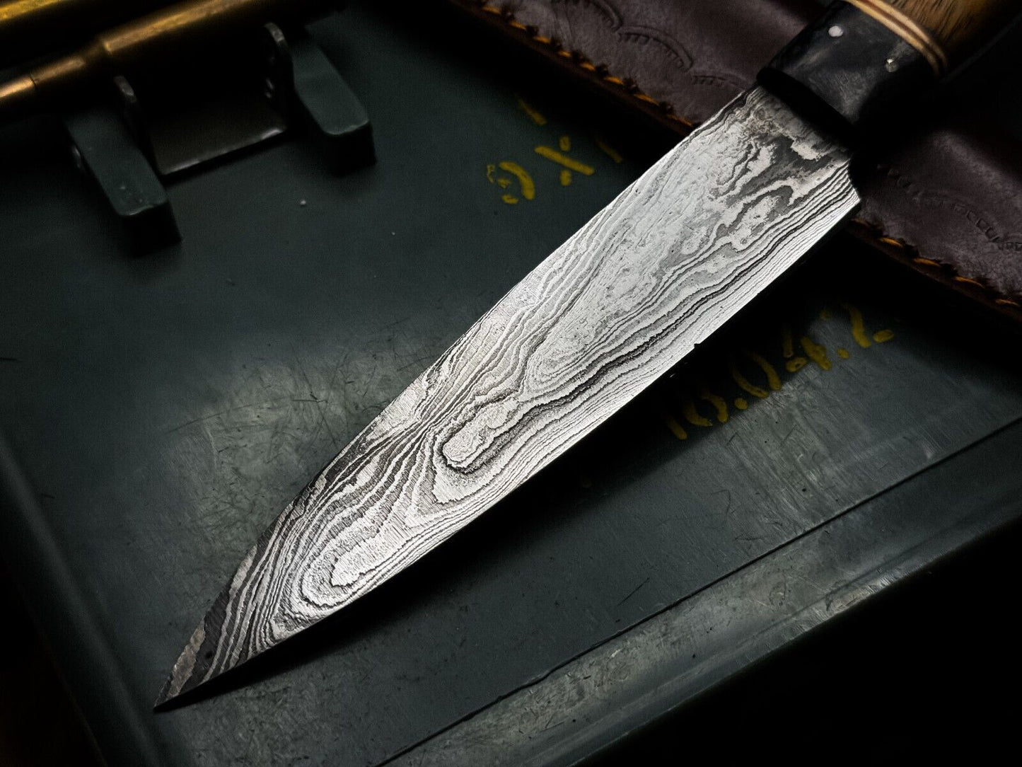 Handmade Damascus Steel Kitchen Chef Vegetable Knife – Wood Handle with Cowhide Sheath