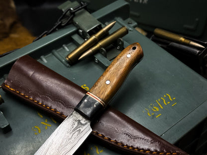 Handmade Damascus Steel Kitchen Chef Vegetable Knife – Wood Handle with Cowhide Sheath