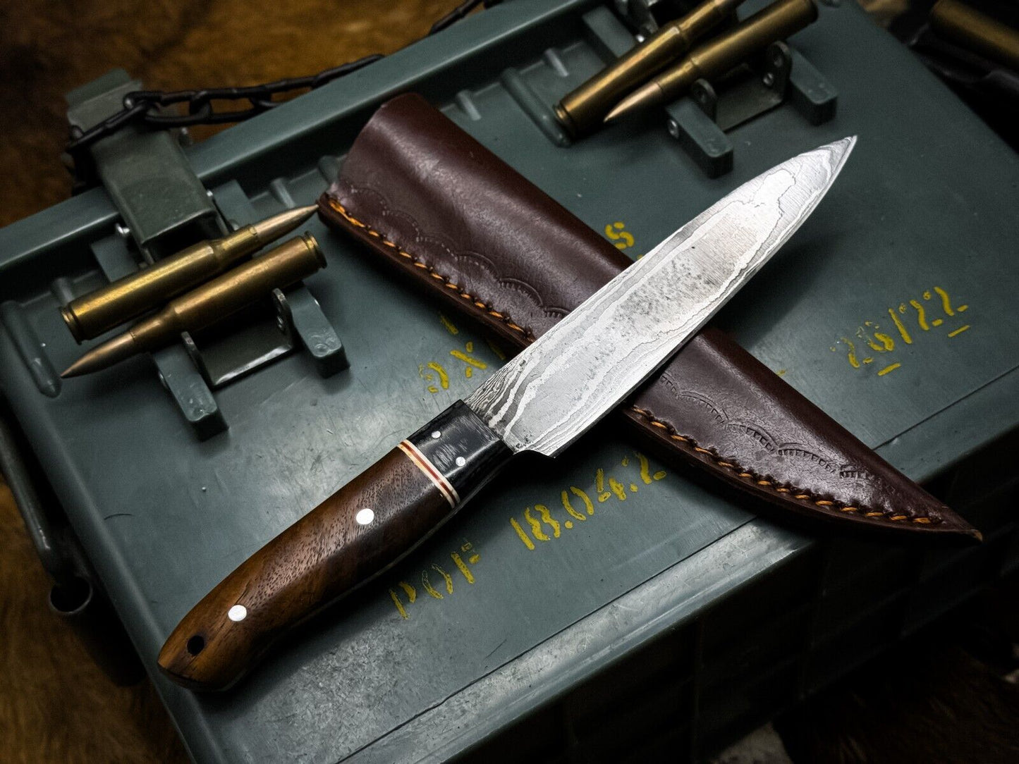 Handmade Damascus Steel Kitchen Chef Vegetable Knife – Wood Handle with Cowhide Sheath