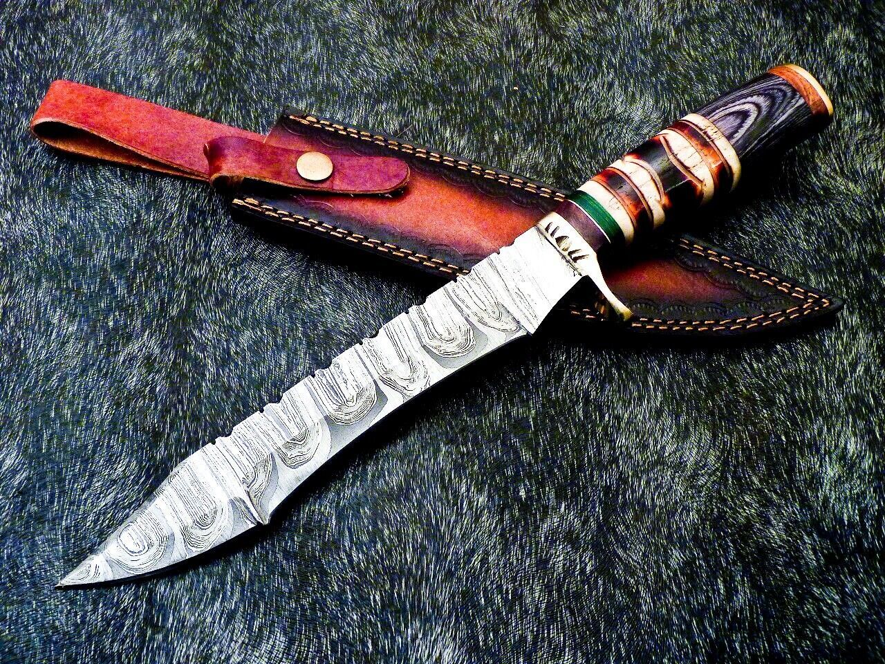 15 Inch Damascus Steel Bowie Knife with Camel Bone Handle and Brass Bolster