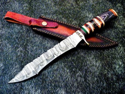 15 Inch Damascus Steel Bowie Knife with Camel Bone Handle and Brass Bolster