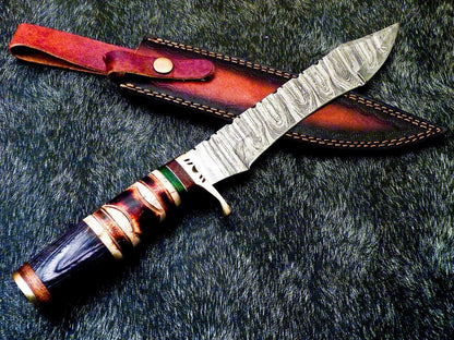 15 Inch Damascus Steel Bowie Knife with Camel Bone Handle and Brass Bolster