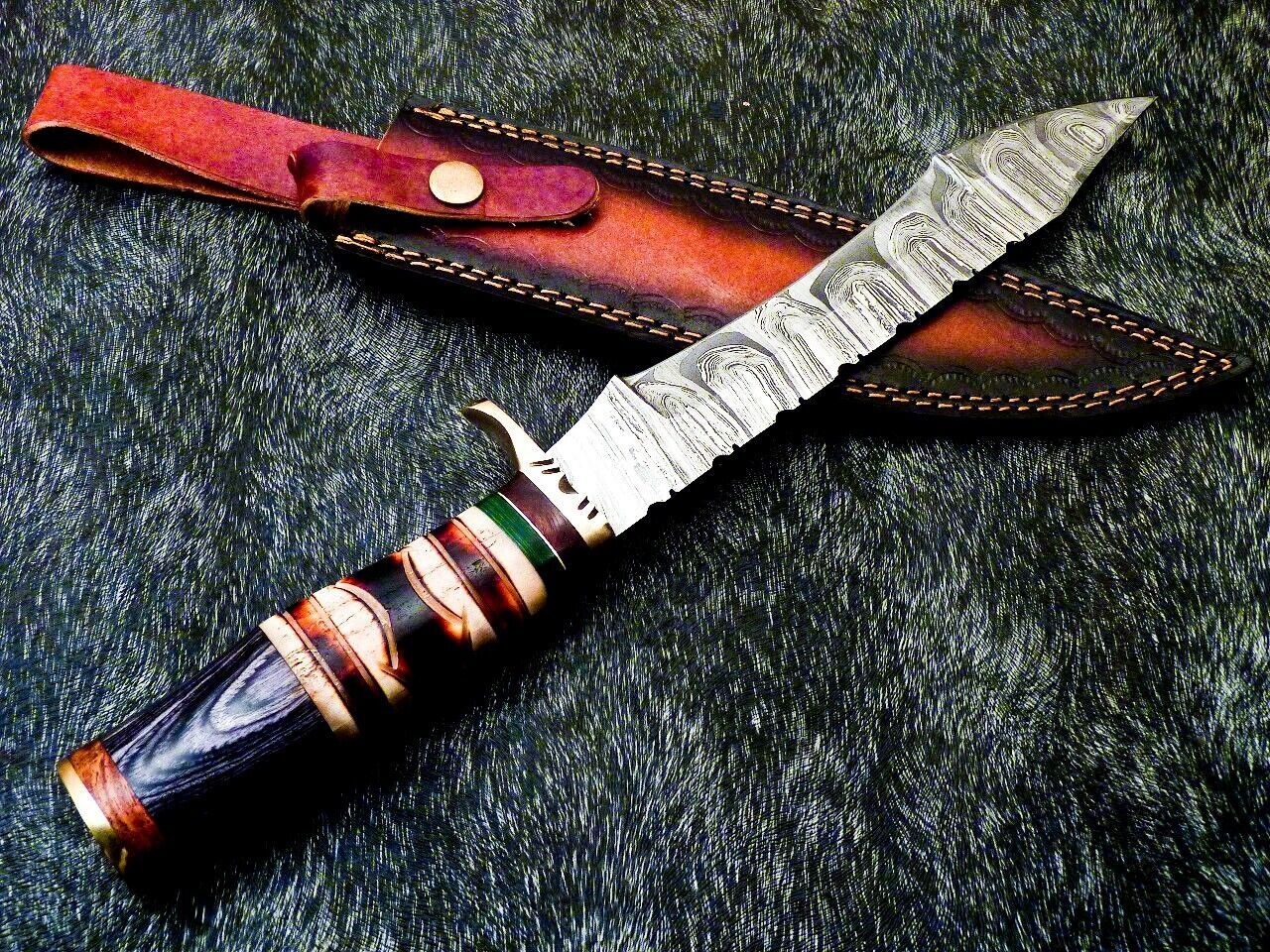 15 Inch Damascus Steel Bowie Knife with Camel Bone Handle and Brass Bolster