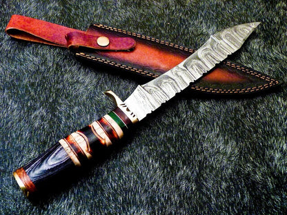 15 Inch Damascus Steel Bowie Knife with Camel Bone Handle and Brass Bolster