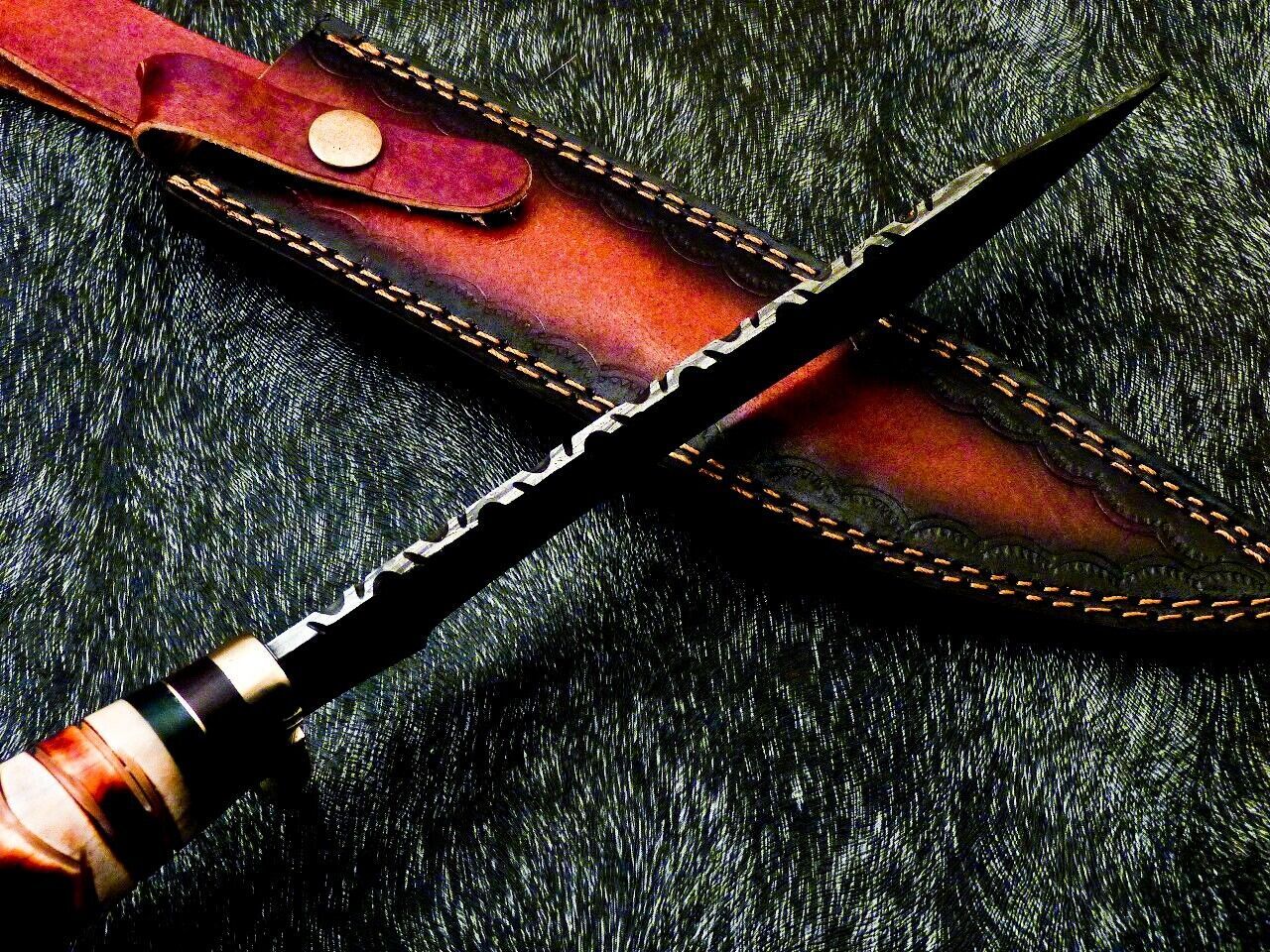 15 Inch Damascus Steel Bowie Knife with Camel Bone Handle and Brass Bolster