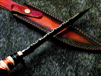 15 Inch Damascus Steel Bowie Knife with Camel Bone Handle and Brass Bolster