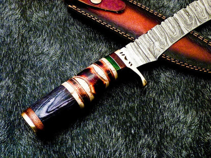 15 Inch Damascus Steel Bowie Knife with Camel Bone Handle and Brass Bolster