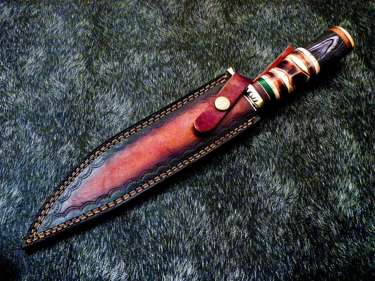 15 Inch Damascus Steel Bowie Knife with Camel Bone Handle and Brass Bolster
