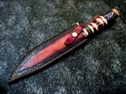 15" Damascus Steel Bowie Knife | Camel Bone & Hardwood Handle