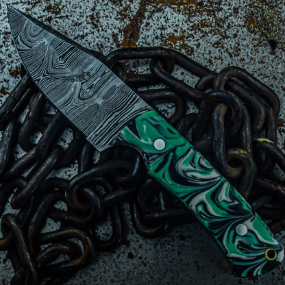 9" Tactical Damascus Bowie Knife – Resin Handle & Hand-Forged Blade