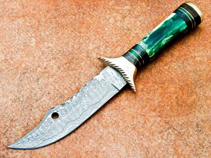 11 Inch Damascus Hunting Knife with Dyed Camel Bone and Brass Bolster