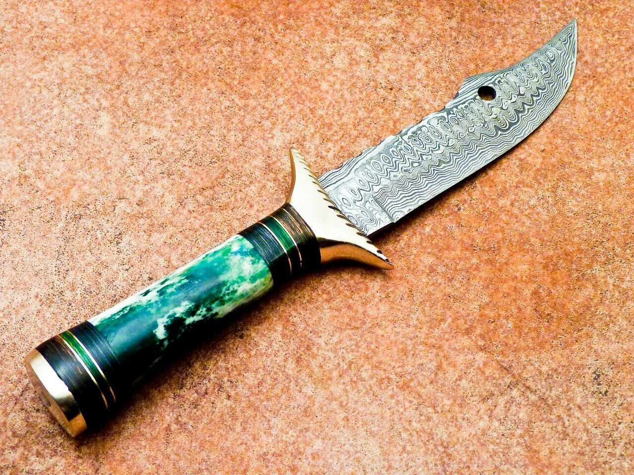 11 Inch Damascus Hunting Knife with Dyed Camel Bone and Brass Bolster