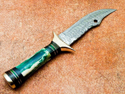 11 Inch Damascus Hunting Knife with Dyed Camel Bone and Brass Bolster