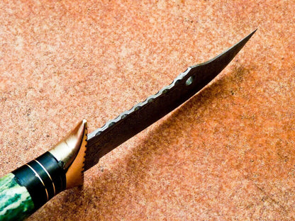11 Inch Damascus Hunting Knife with Dyed Camel Bone and Brass Bolster