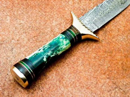11 Inch Damascus Hunting Knife with Dyed Camel Bone and Brass Bolster