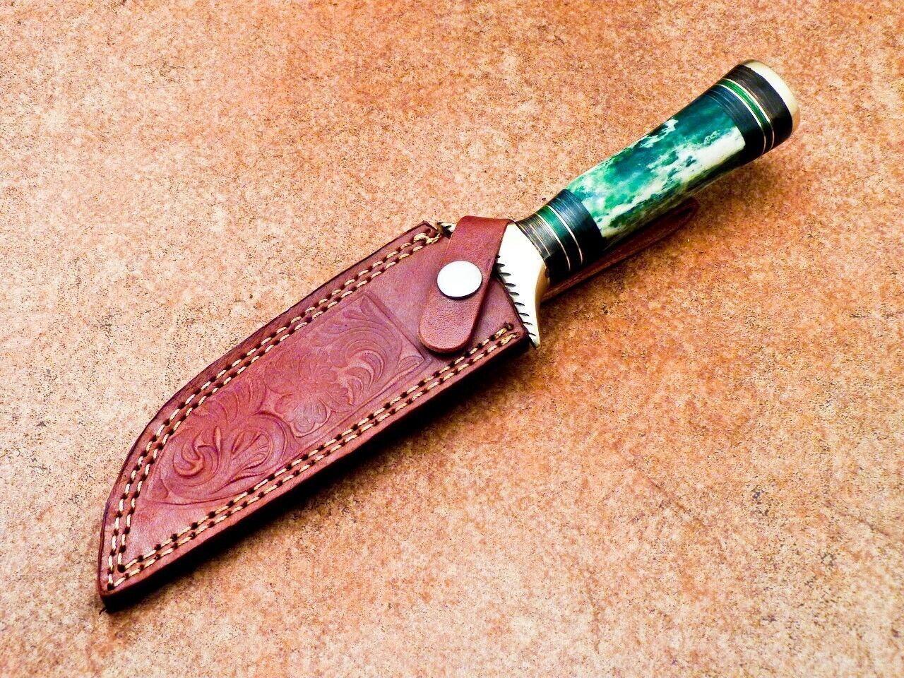 11 Inch Damascus Hunting Knife with Dyed Camel Bone and Brass Bolster