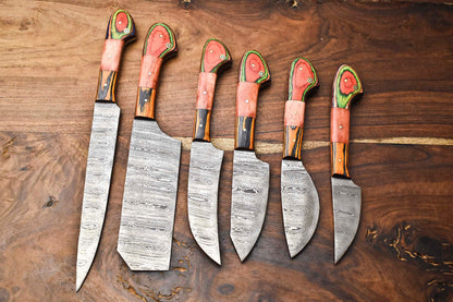Premium Lot of 6 Handmade Damascus Steel Chef Knife Set – 384-Layer Forged Blades