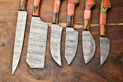 Premium Lot of 6 Handmade Damascus Steel Chef Knife Set – 384-Layer Forged Blades